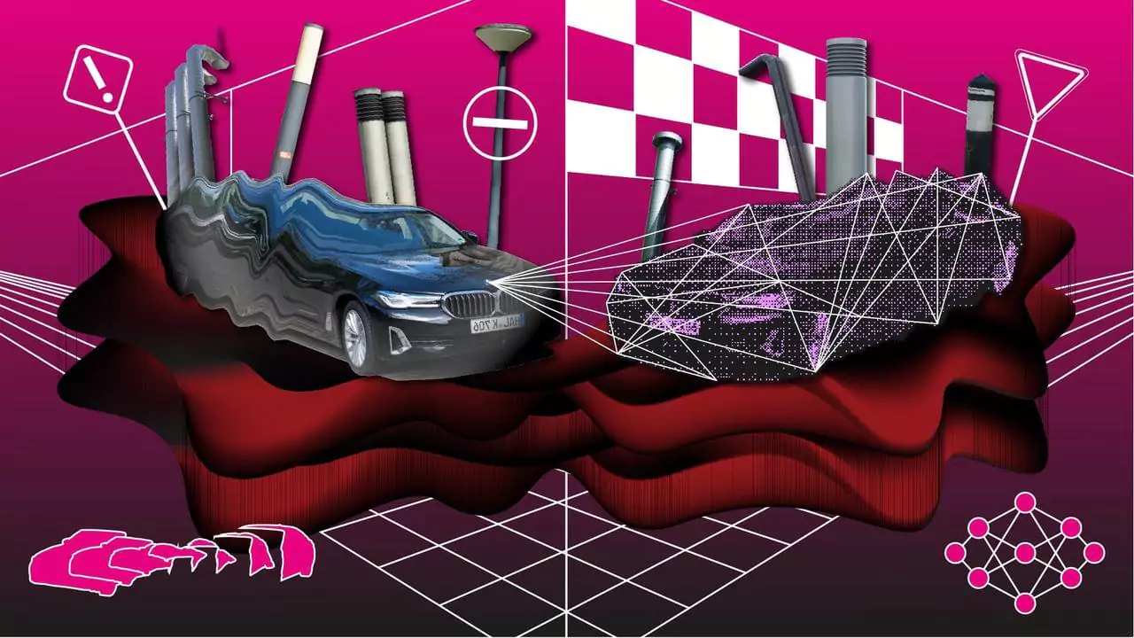 An illustration in intense colors in a gloomy mood showing a collage of two mirrored cars, street signs and mathematical symbols.