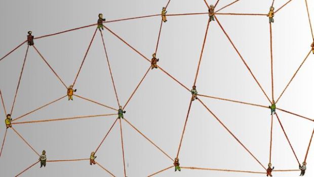 Several small cartoon representations of people are linked by brown handdrawn lines representing a network.