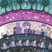 Layers of worlds piled on top of each other to represent the flow between people and data: technicians at the bottom, and people on their phones at the top.