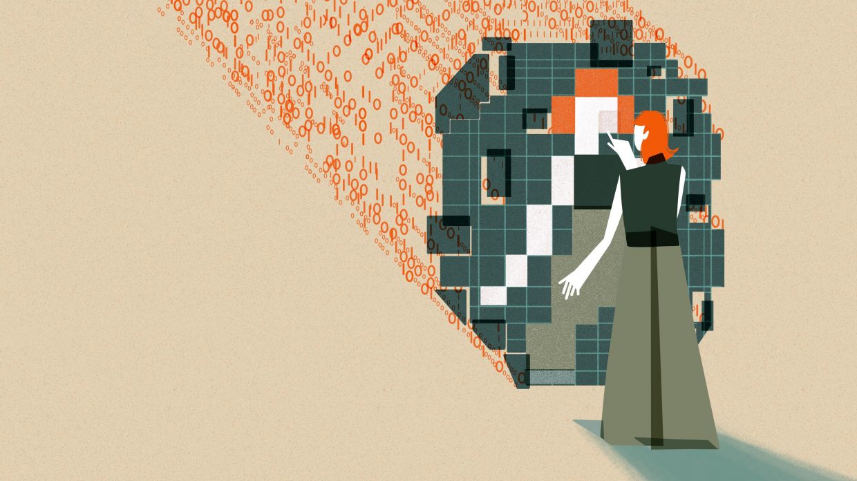 This image shows an individual with orange hair interacting with a large, abstract digital mirrored structure. The structure is composed of squares in varying shades of green, orange, white, and black which are pieced together to reflect the individual’s figure. The figure's hand is extended as if pointing to or interacting with the mirrored structure. Behind the structure are streams of binary code (0s and 1s) in orange, flowing towards the digital grid.