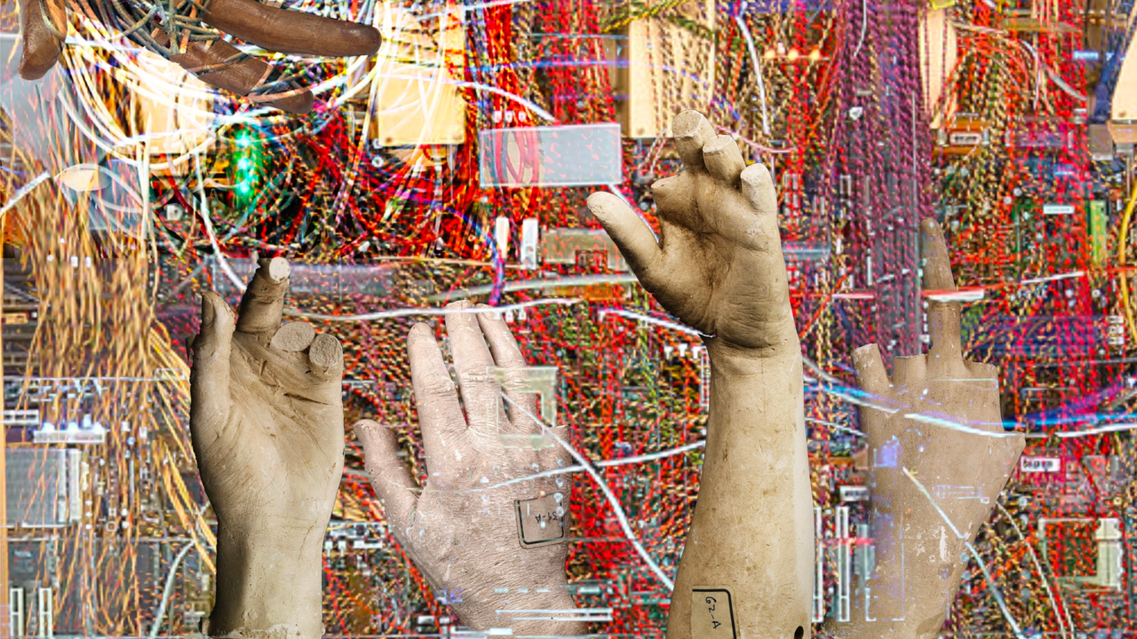 This image portrays a collection of stone, fractured and cracked, reaching out from a chaotic tangle of wires. The disarray of the hands, with broken fingers and archival tags, evokes a haunting sense of anonymity and erasure. This image represents the millions of tech workers who make the high-tech industry physically possible.