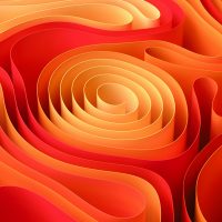 Abstract red and orange layered shapes forming smooth, flowing contours with a spiral-like centre.