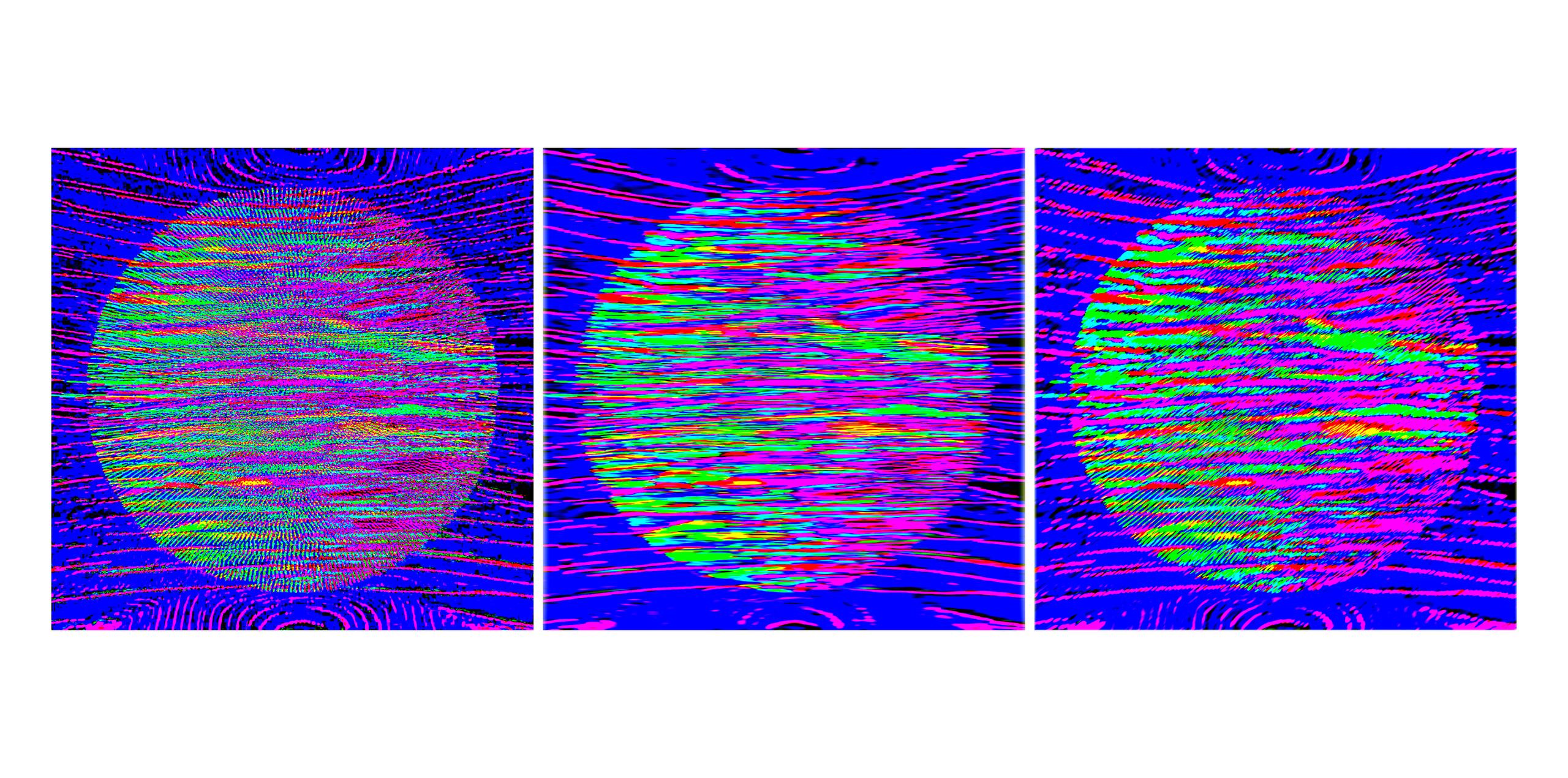 This features a repeated 3 images of a distorted circle in a square with a bright blue background. Each are slightly different but they are all bright, neon colours including blue, green, pink, and red. The grains are varying weights and threads which run horizontally along the circles.