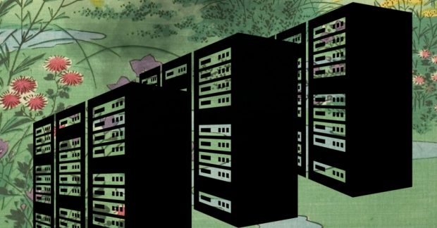 This image is a collage with a colourful Japanese vintage landscape showing a mountain, hills, flowers and other plants and a small stream. There are 3 large black data servers placed in the bottom half of the image, with a cloud of black smoke emitting from them, partly obscuring the scenery.